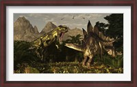 Framed large carnivorous Torvosaurus preying on a Stegosaurus