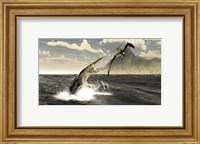 Framed Tylosaurus jumps out of the water, attacking a Pteranodon