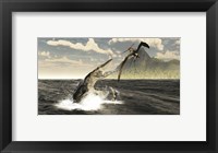 Framed Tylosaurus jumps out of the water, attacking a Pteranodon