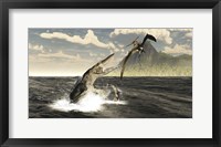 Framed Tylosaurus jumps out of the water, attacking a Pteranodon