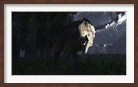 Framed Acrocanthosaurus dinosaur on a stormy night