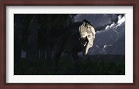 Framed Acrocanthosaurus dinosaur on a stormy night
