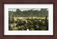 Framed Lurdusaurus and Nigersaurus dinosaurs grazing a prehistoric forest