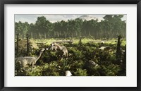 Framed Lurdusaurus and Nigersaurus dinosaurs grazing a prehistoric forest