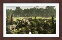 Framed Lurdusaurus and Nigersaurus dinosaurs grazing a prehistoric forest