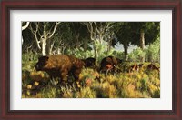 Framed Diprotodon on the edge of a Eucalyptus forest with some early kangaroos