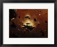 Framed nebula evaporates in the far distance of an asteroid field