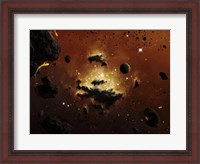 Framed nebula evaporates in the far distance of an asteroid field
