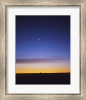 Framed Pre-dawn sky with waning crescent moon, Jupiter at top, and Mercury at lower center