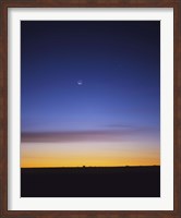Framed Pre-dawn sky with waning crescent moon, Jupiter at top, and Mercury at lower center