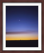Framed Pre-dawn sky with waning crescent moon, Jupiter at top, and Mercury at lower center