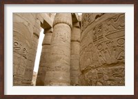Framed Hieroglyphic covered columns in hypostyle hall, Karnak Temple, East Bank, Luxor, Egypt