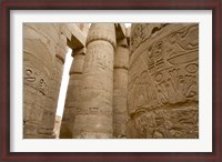 Framed Hieroglyphic covered columns in hypostyle hall, Karnak Temple, East Bank, Luxor, Egypt