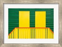 Framed Yellow and Green wooden cottages, Muizenberg Resort, Cape Town, South Africa