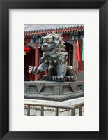 Framed China, Beijing. Bronze lion sculpture, Fragrant Hill