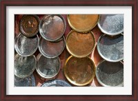 Framed Brass plates for sale in the Souk, Marrakech (Marrakesh), Morocco, North Africa