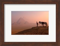 Framed Dawn View of Guide and Horses at the Giza Pyramids, Cairo, Egypt
