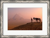 Framed Dawn View of Guide and Horses at the Giza Pyramids, Cairo, Egypt