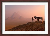 Framed Dawn View of Guide and Horses at the Giza Pyramids, Cairo, Egypt