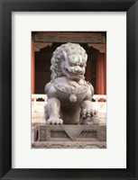 Framed China, Beijing, Forbidden City. Bronze lion statue