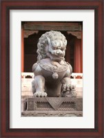 Framed China, Beijing, Forbidden City. Bronze lion statue