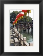 Framed Boat in canal with old wooden bridge, Zhujiajiao, Shanghai, China