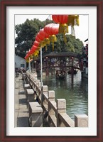Framed Boat in canal with old wooden bridge, Zhujiajiao, Shanghai, China
