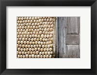 Framed Cowrie shells on wall of building, Ibo Island, Morocco