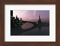 Framed City Relection in Calm Waters of Another Galaxy