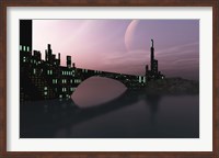 Framed City Relection in Calm Waters of Another Galaxy