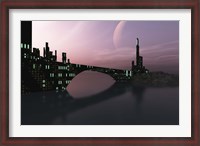 Framed City Relection in Calm Waters of Another Galaxy