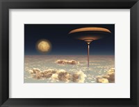 Framed futuristic space station hovers above the Earth