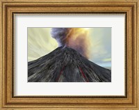 Framed active volcano belches smoke and ash into the sky