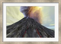 Framed active volcano belches smoke and ash into the sky