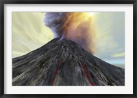 Framed active volcano belches smoke and ash into the sky