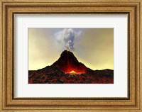 Framed active volcano spews out hot red lava and smoke
