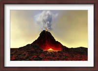 Framed active volcano spews out hot red lava and smoke