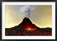Framed active volcano spews out hot red lava and smoke