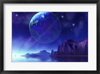 Framed Cosmic seascape on another world with a ringed planet in the night sky