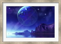 Framed Cosmic seascape on another world with a ringed planet in the night sky