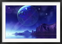 Framed Cosmic seascape on another world with a ringed planet in the night sky