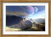 Framed Mountainous landscape on a futuristic world with two beautiful moons