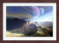 Framed Mountainous landscape on a futuristic world with two beautiful moons