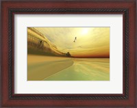 Framed Seagulls fly near the mountains of this seascape