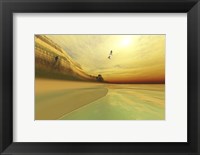 Framed Seagulls fly near the mountains of this seascape