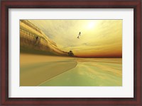 Framed Seagulls fly near the mountains of this seascape