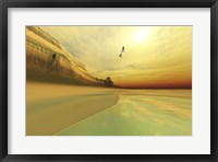 Framed Seagulls fly near the mountains of this seascape