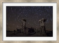 Framed Star trails above sand tufa formations at Mono Lake, California