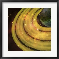Framed golden ring system encircles this planet out in the galaxy