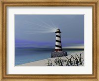 Framed lighthouse sends out a light to warn vessels